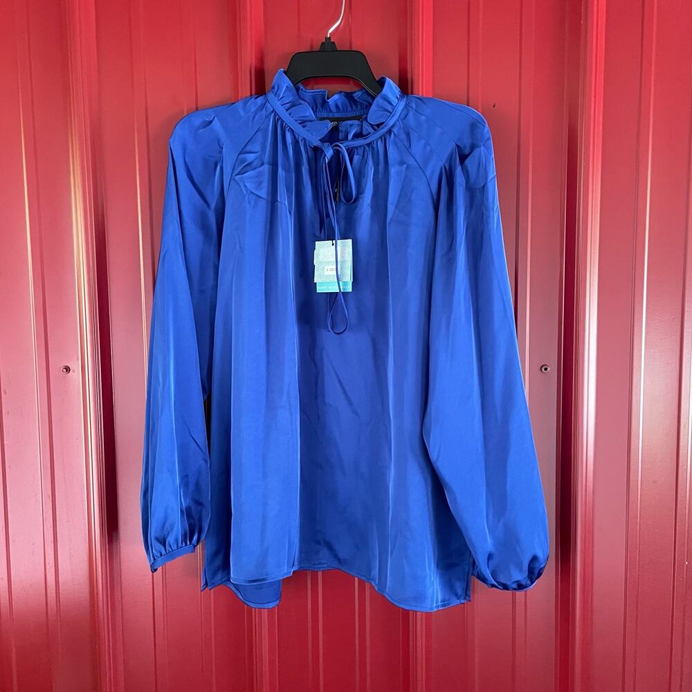 Ming Wang Top Ruffled Tie Keyhole Neck Crepe De Chine Blouse Deep Sky Sz M